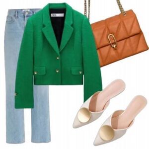 Riveted Off White Crème Gold Pointed Toe Flat Mules Shoes